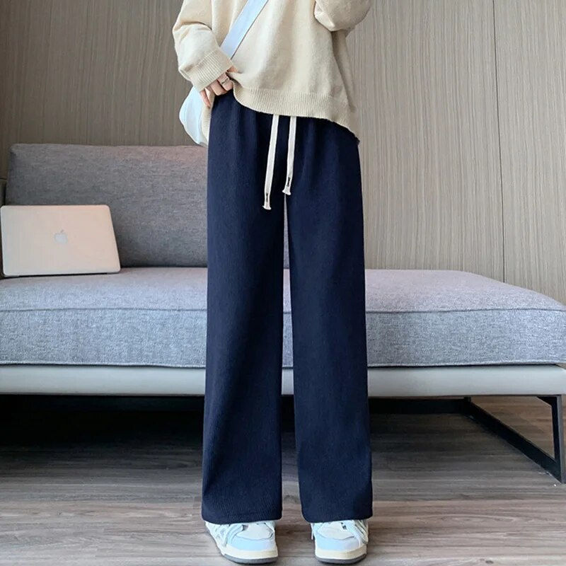 Thumbnail: Women Long Pants Autumn Winter Women Elastic Waist Stright Long Wide leg pants