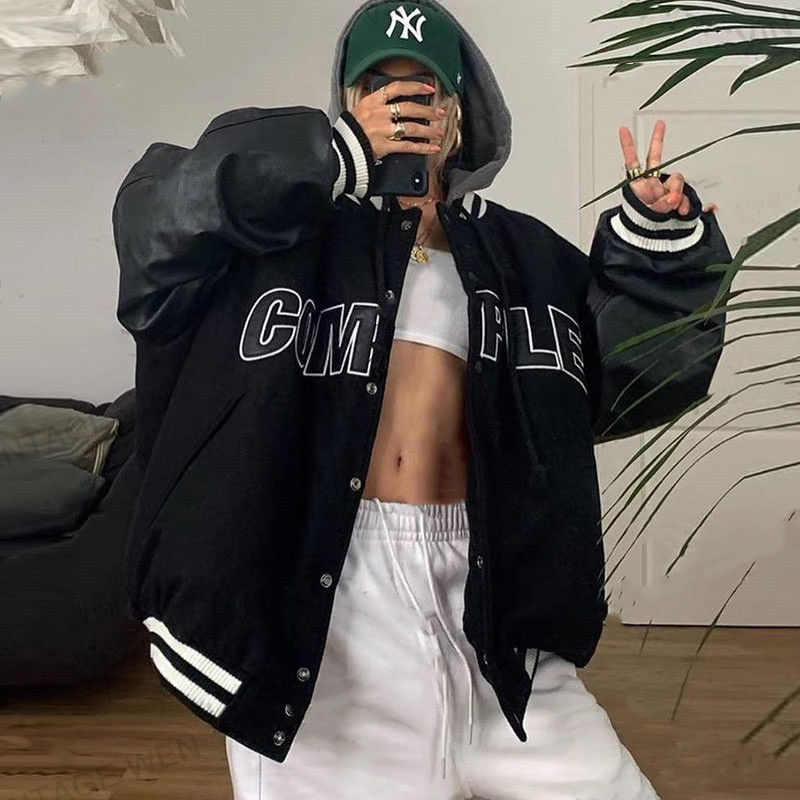 Minijatura: American Retro Black Hooded Quilted Baseball Jacket