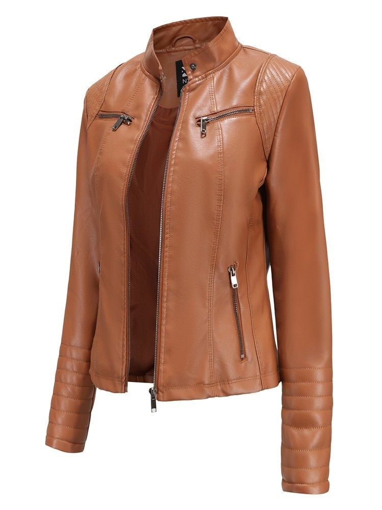 Thumbnail: Women Faux Leather Jacket Autumn Winter Long Sleeve Plus Size  Ladies Solid Zip