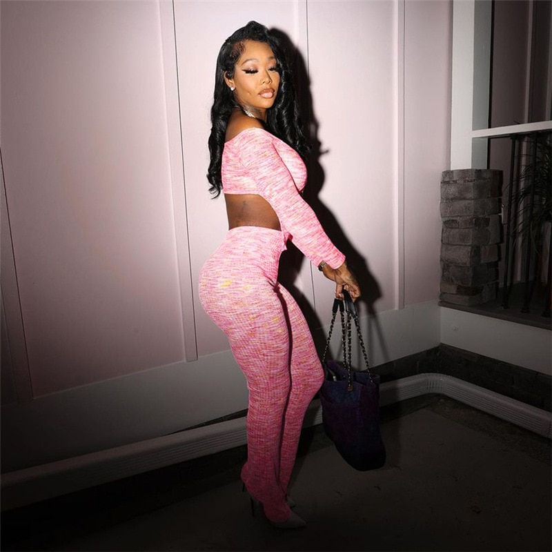 Thumbnail: 2023 Fall Print Two Piece Set Women Lounge Wear Irregular Crop Top + Pants Slim