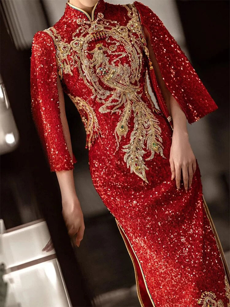 Thumbnail: Exquisite Beaded Phoenix Embroidery Marry Cheongsam Traditional Chinese Bride G