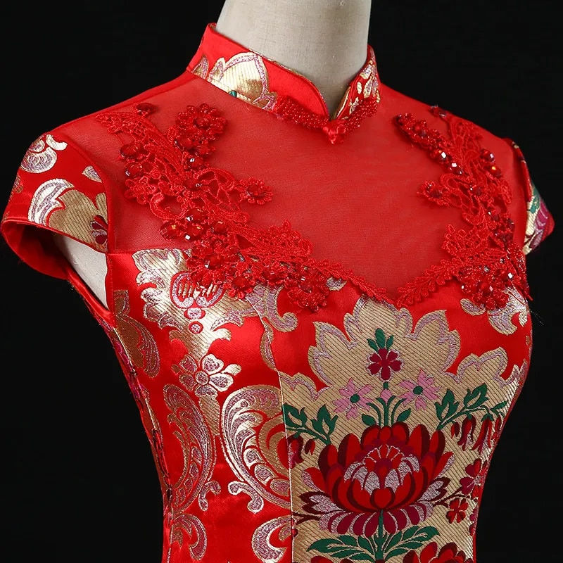 Thumbnail: Red Embroidery Wedding Cheongsam Women Vintage Plus Size Fishtail Dress Traditi