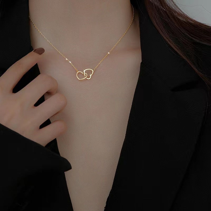 Thumbnail: Japanese And Korean Style Cold Metal Alloy Peach Heart Double Heart Necklace
