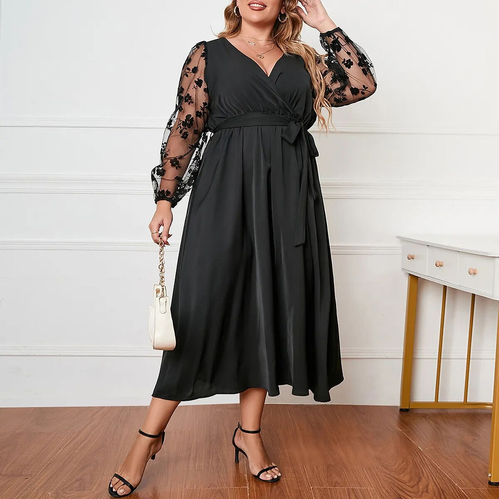 Thumbnail: 4XL Lace Dresses Plus Size Woman Casual Flower Print Mesh Midi Lace Sleeve Part