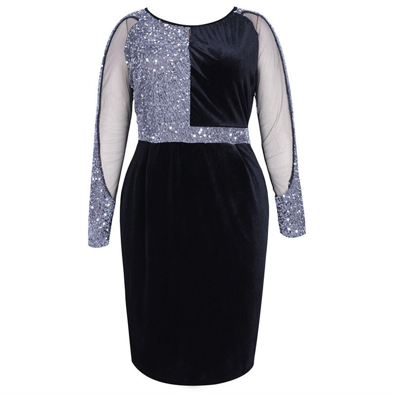 Thumbnail: Womens  Plus Size Sequin Dress Sexy Patchwork Perspective Party Cocktail Sparkl