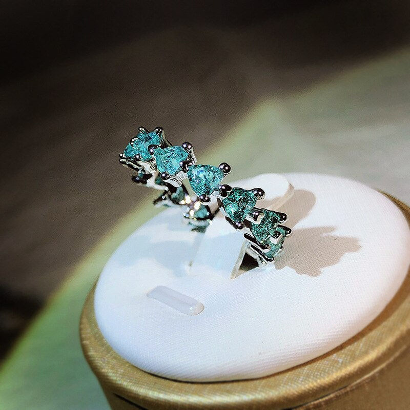 Thumbnail: Womens Silver Color Imitation Palaiba Tourmaline Ring Crystal Heart Eternity