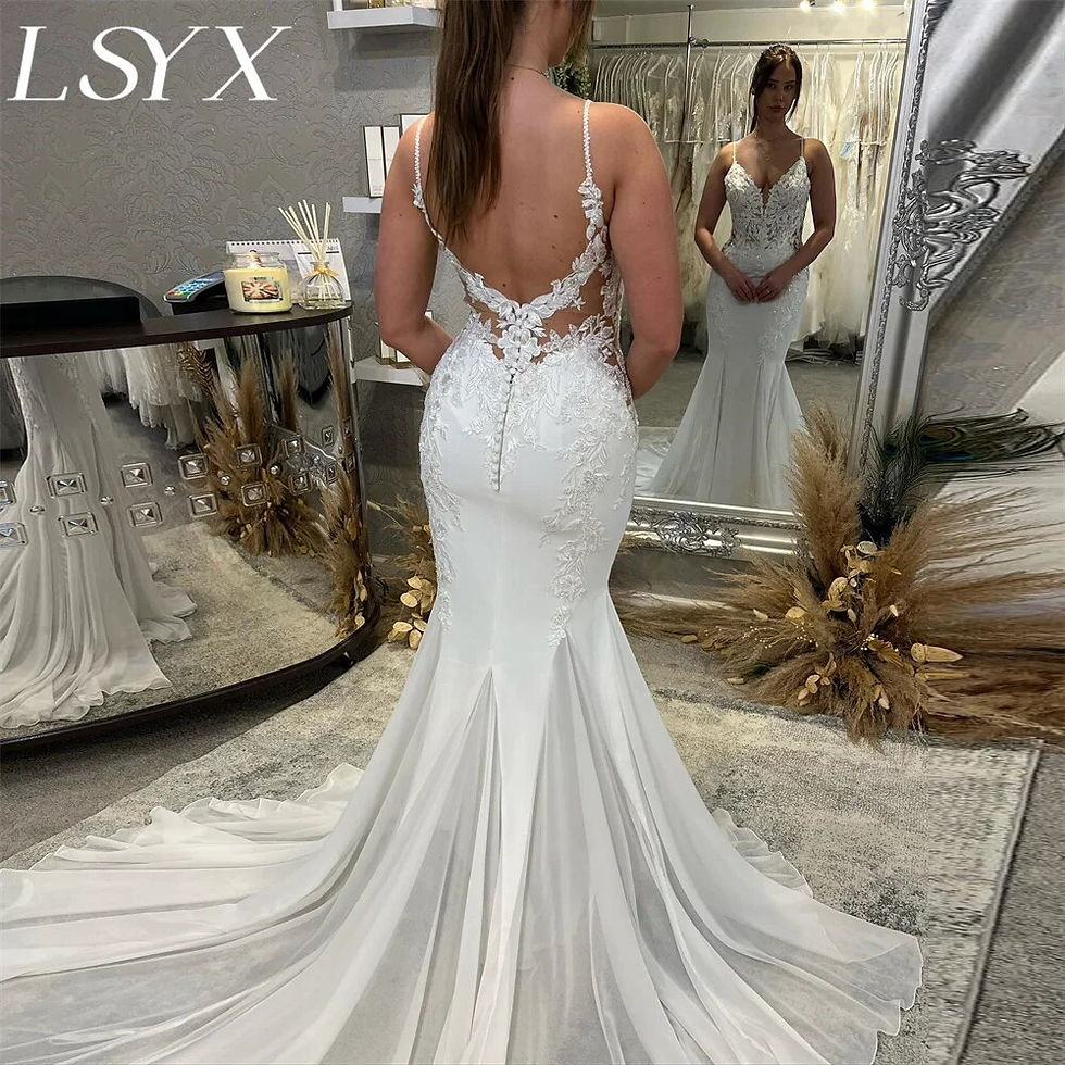 Thumbnail: LSYX Deep V-Neck Sleeveless Crepe Mermaid Wedding Dress Simple Spaghetti Strap