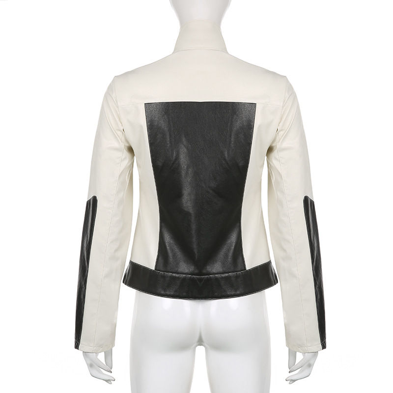 תמונה ממוזערת: Patchwork Leather Jacket Slim Collared Casual