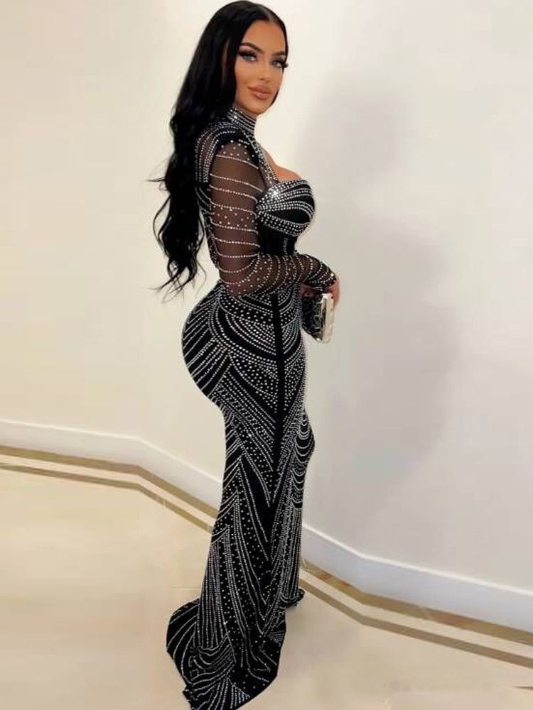 Thumbnail: Beyprern Beautiful Corset Crystal Long Maxi Dress Sparkle Cut-Out Black Rhinest