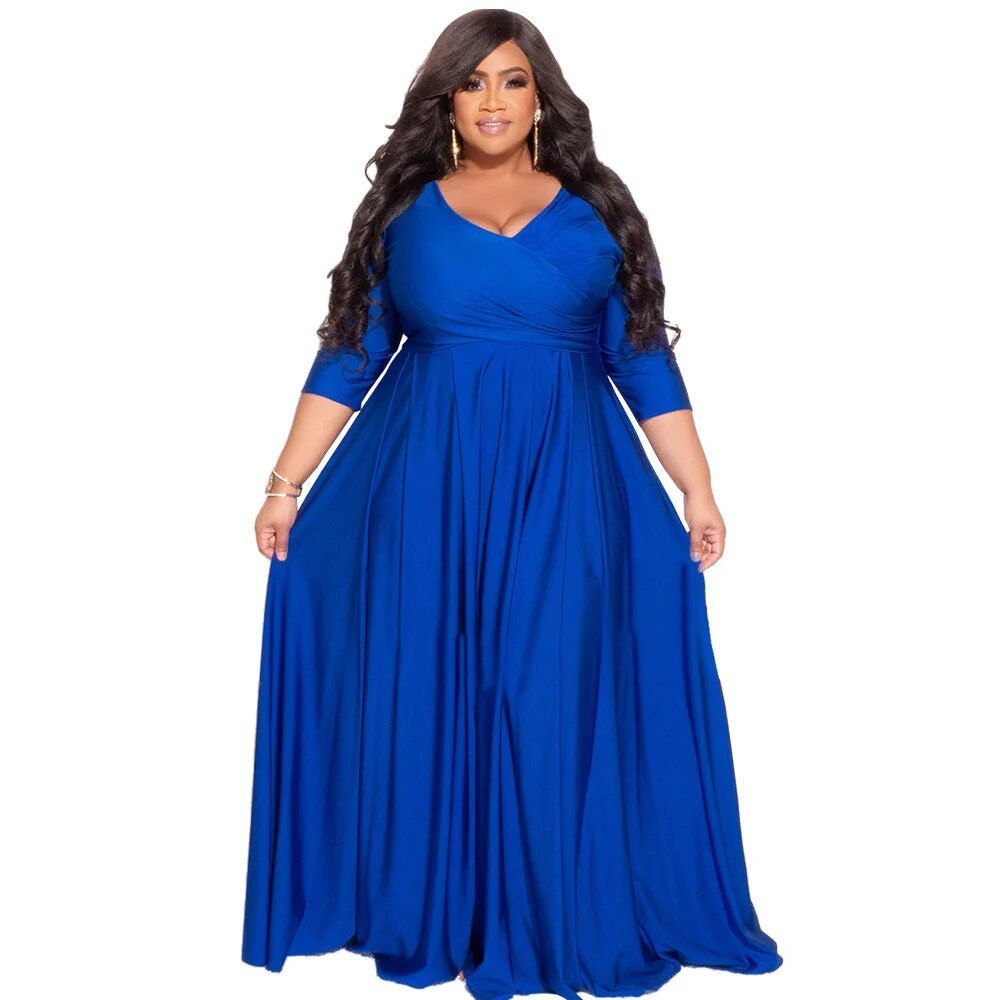 Plus Size Women Evening Dresses Classic Curve Wrap V-neck Big Swing Maxi Vestid