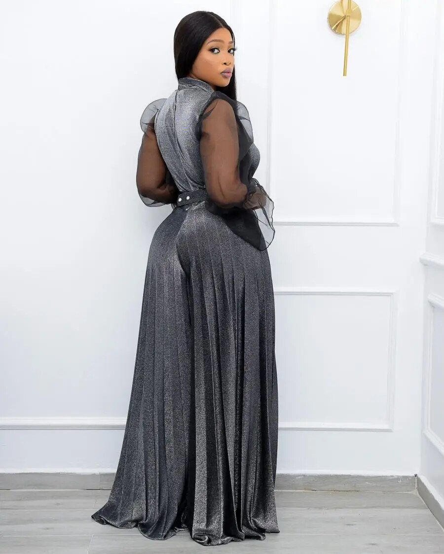 Thumbnail: plus Size Women Velvet Jumpsuits Sheer Long Sleeve Pleated Wide Leg Pants One P