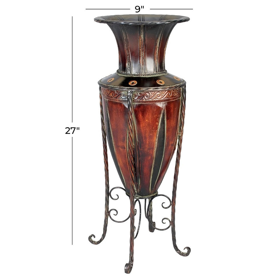 Thumbnail: 27” Tall Brown Metal Vase With Attached Metal Stand and Intricate Design Flower