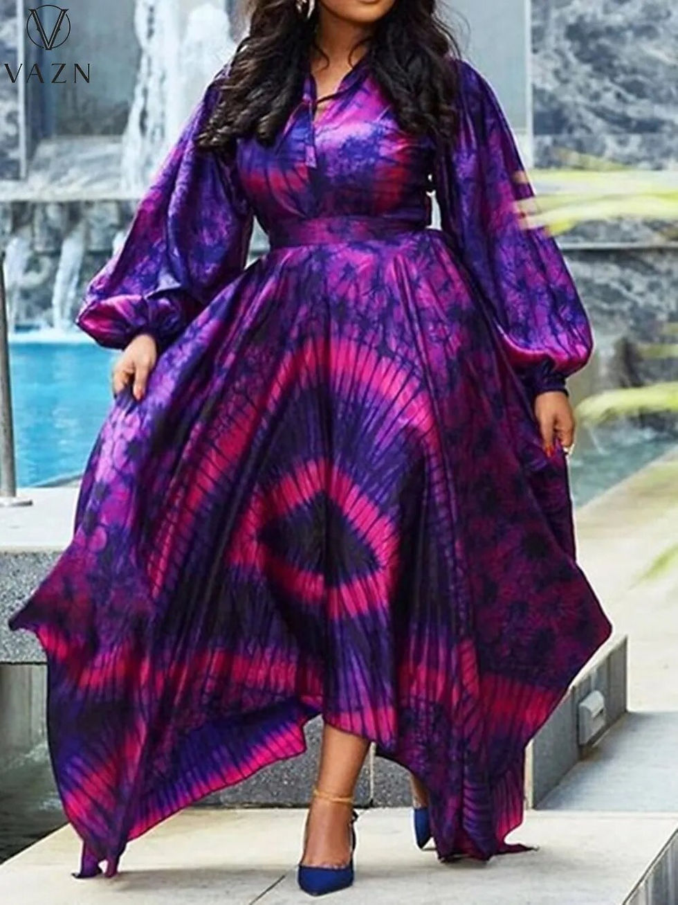 Thumbnail: plus size Chiffon High-end V-Neck Full Sleeve Long Dress Elegant Daily Sexy Wom