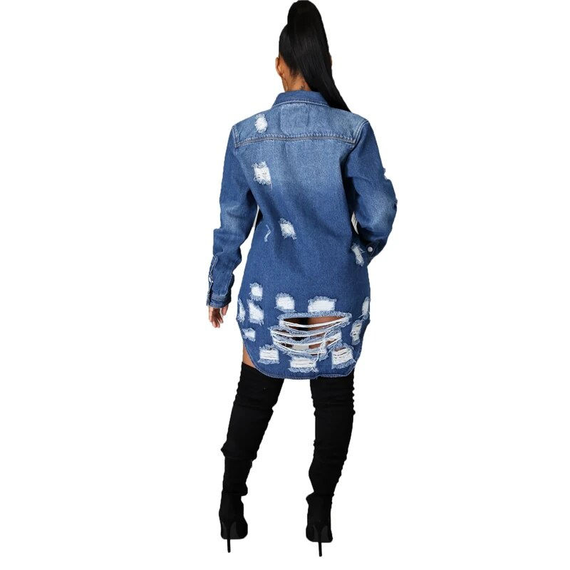 Thumbnail: Plus Size Women Clothing Outwears 2023 Sexy Hole Cotton Long Sleeve Ripped Jean