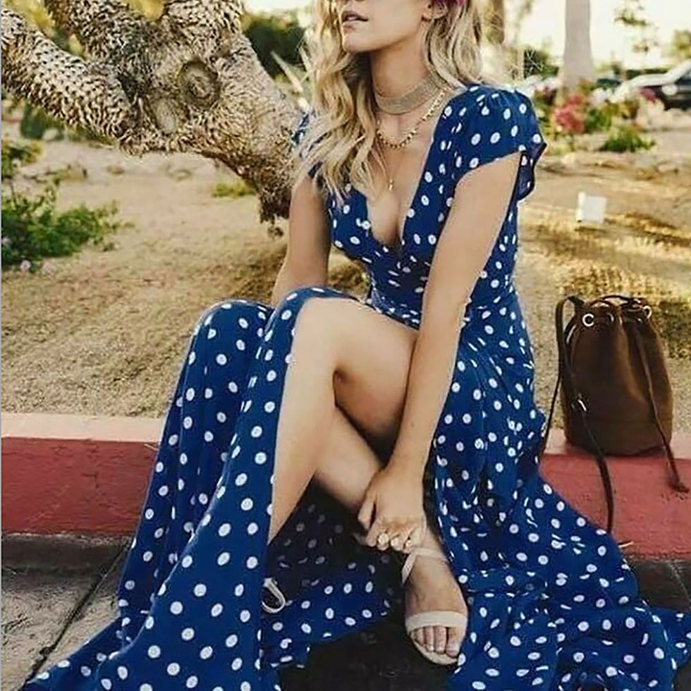 Thumbnail: Summer Women's Beach Party Cute Deep V Dot Split Short Sleeve Long Dress Floral