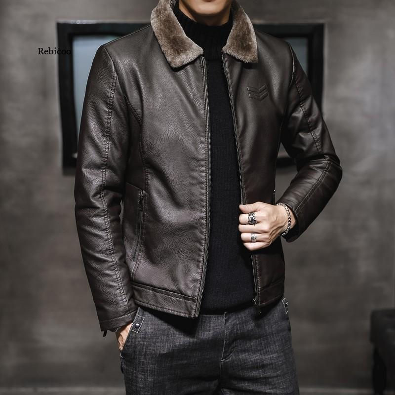 Thumbnail: New Thick Leather Jacket Mens Winter Autumn Men's Jacket Fashion Faux Fur Colla
