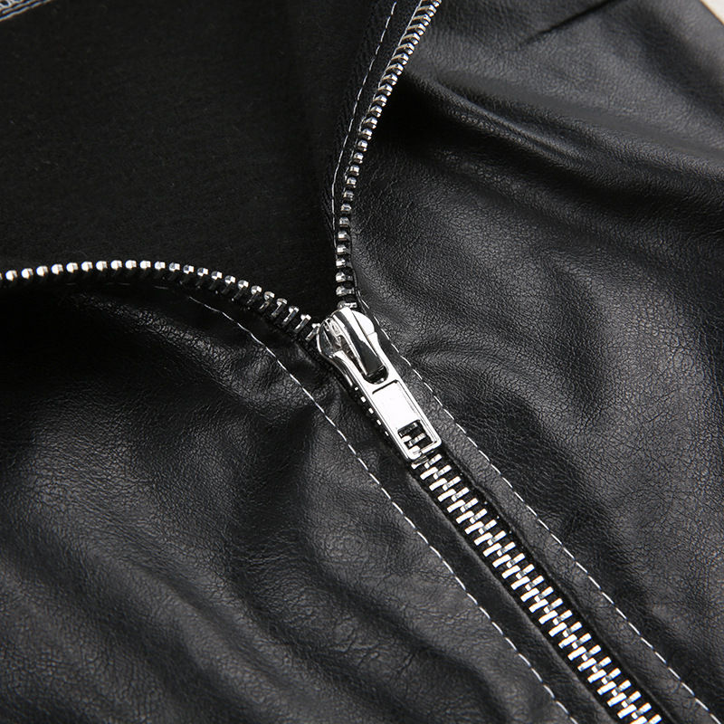 תמונה ממוזערת: Patchwork Leather Jacket Slim Collared Casual