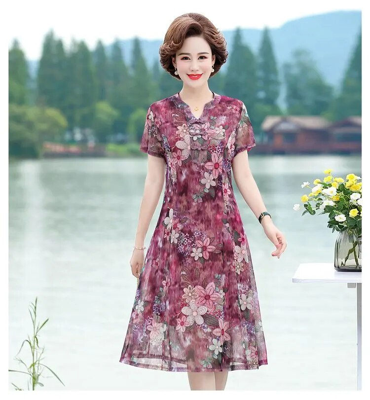 Summer Dresses Fashion Elegant Chinese style clasp Print Dress Women Vintage Dr