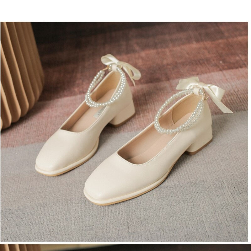 Sīktēls: Spring Autumn Women Dress Shoes Square Toe String Bead Pumps Cross-tied High He