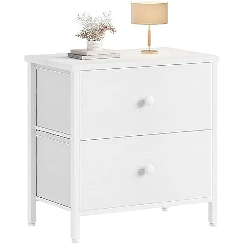 BOLUO White Nightstand 2 Drawer for Bedroom,Small Night Stand with Fabric Drawe