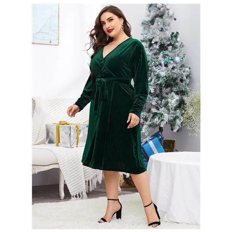 Thumbnail: Plus Size Long Sleeve Elegant Spring Autumn Midi Velvet Wrap Dress Tie Waist V-