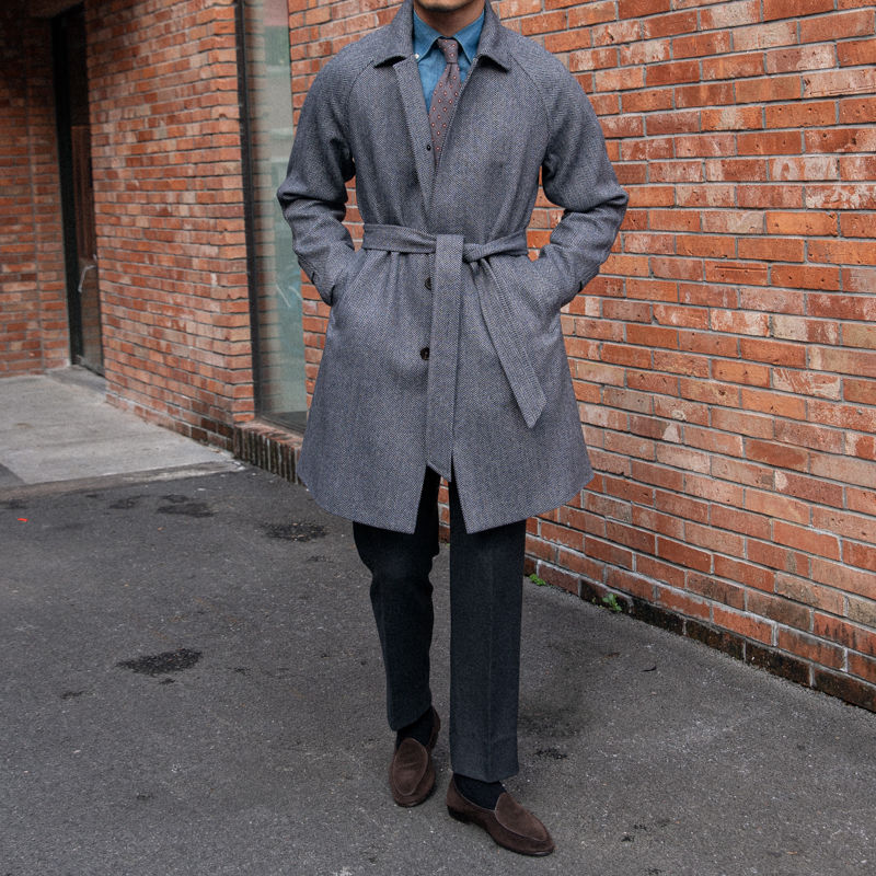 Thumbnail: Men's Herringbone Wool Slim Fit Mid Length Coat