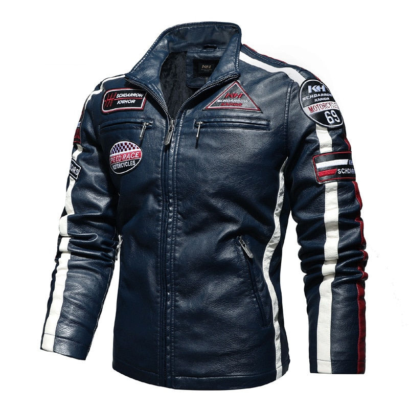 Miniatúra: Autumn Winter Men's Bomber Jacket Zip Embroidery PU Leather Jacket Male Fleece