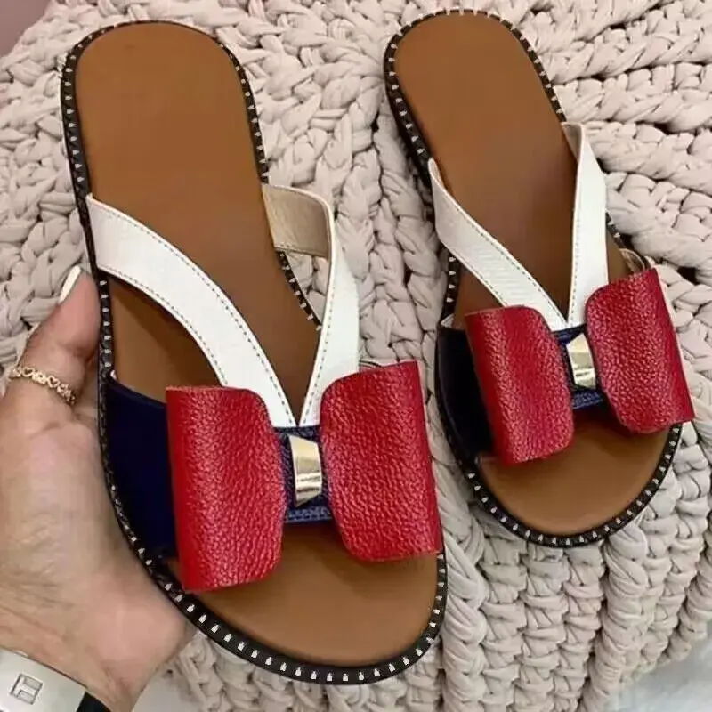 Thumbnail: New Woman Slippers Flat Color-Block Bow Female Sandals Summer Soft Comfy Women