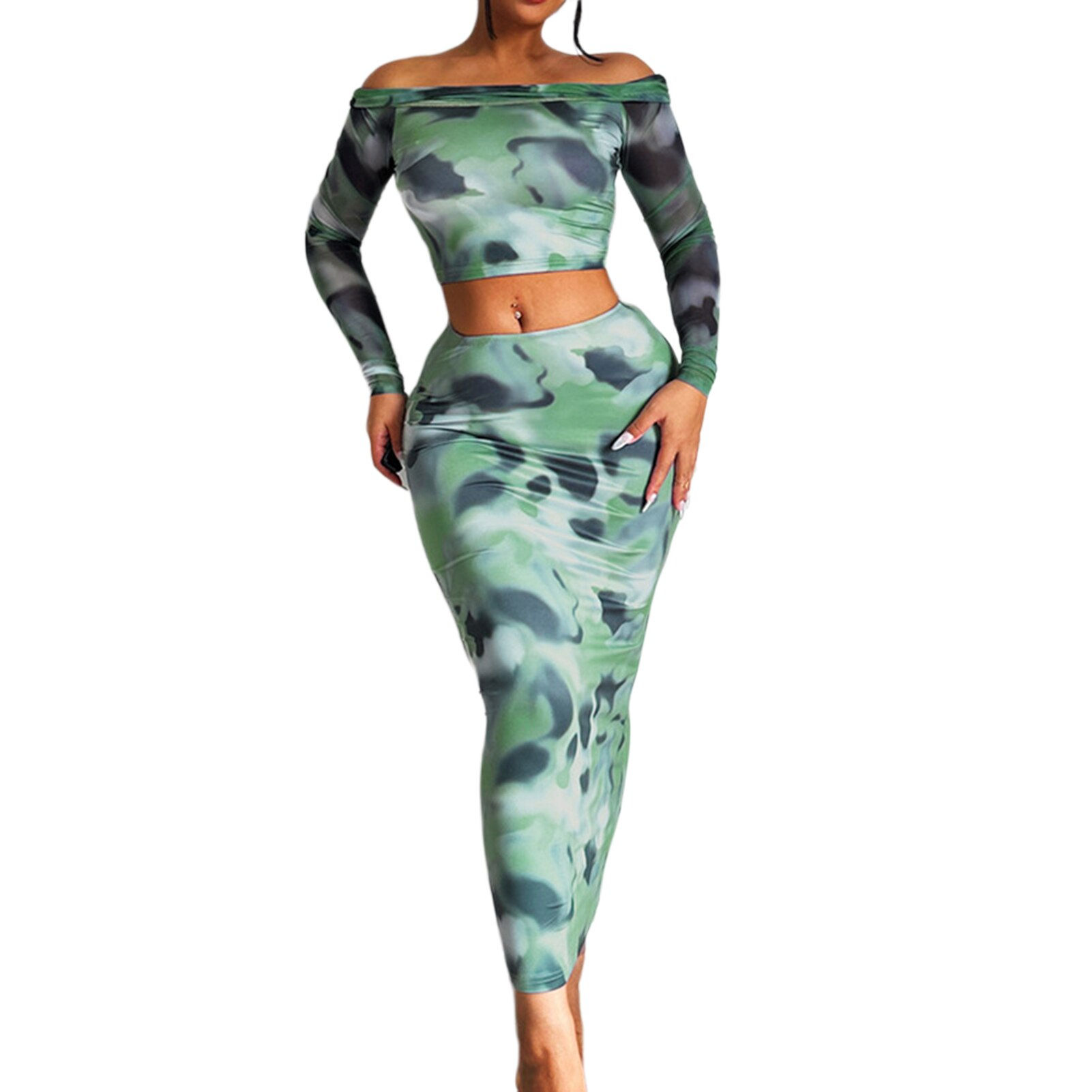 Ladies 2 Piece Knitted Bikini Set Tie Dye Summer 2 Pieces Set Navel Exposed Shi