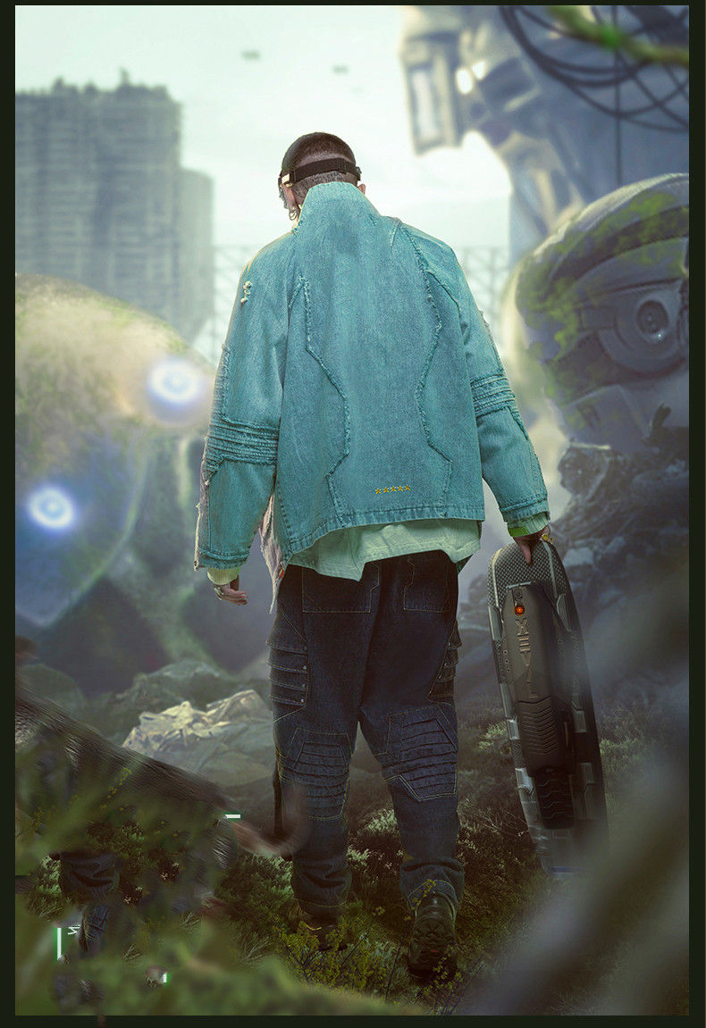 Miniatyrbilde: Chinese Style Street Wear And Tear Damaged Washed Denim Jacket