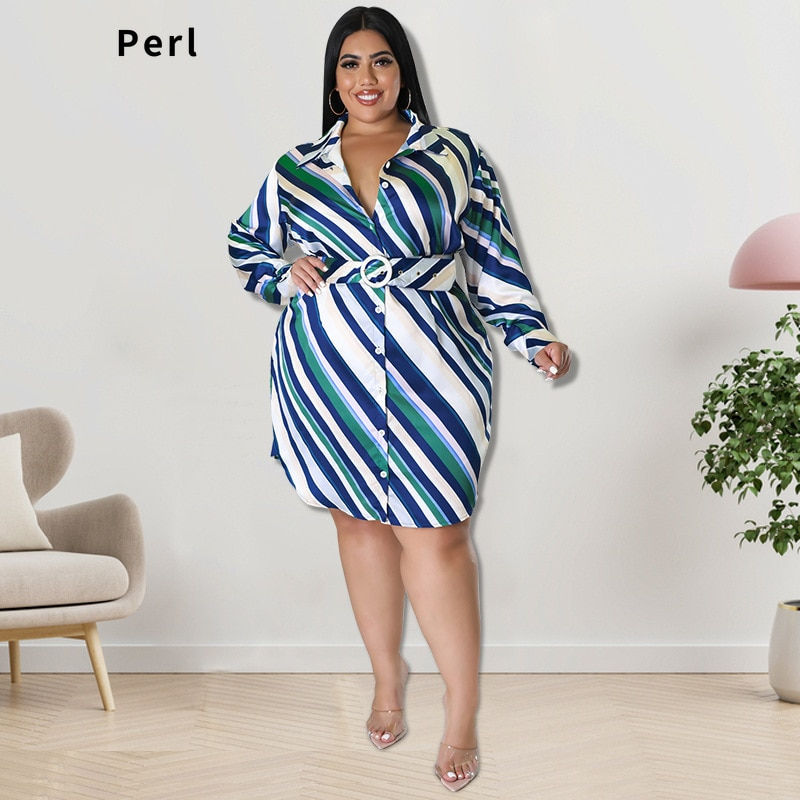 Thumbnail: Perl Plus Size Women Dress Stripe Full Sleeve Outfit with Belt One Piece T-shir