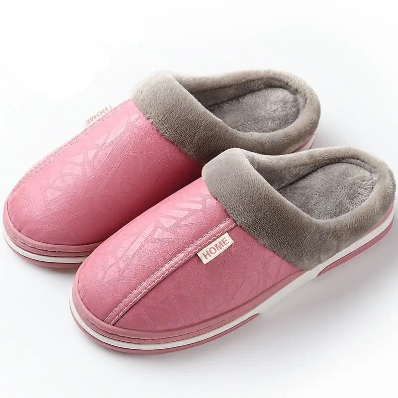 Imej kecil: Men Slippers Indoor PU Leather Women House Waterproof Warm Home Fur Slipper Mal