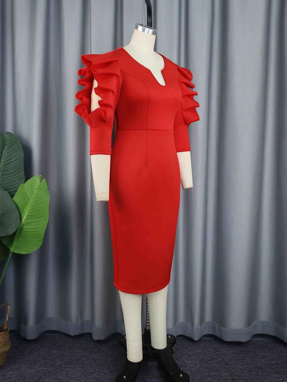 Thumbnail: Women Red Sheath Ruffle Party Dress Bodycon Pencil Midi Elegant And Plus  Size