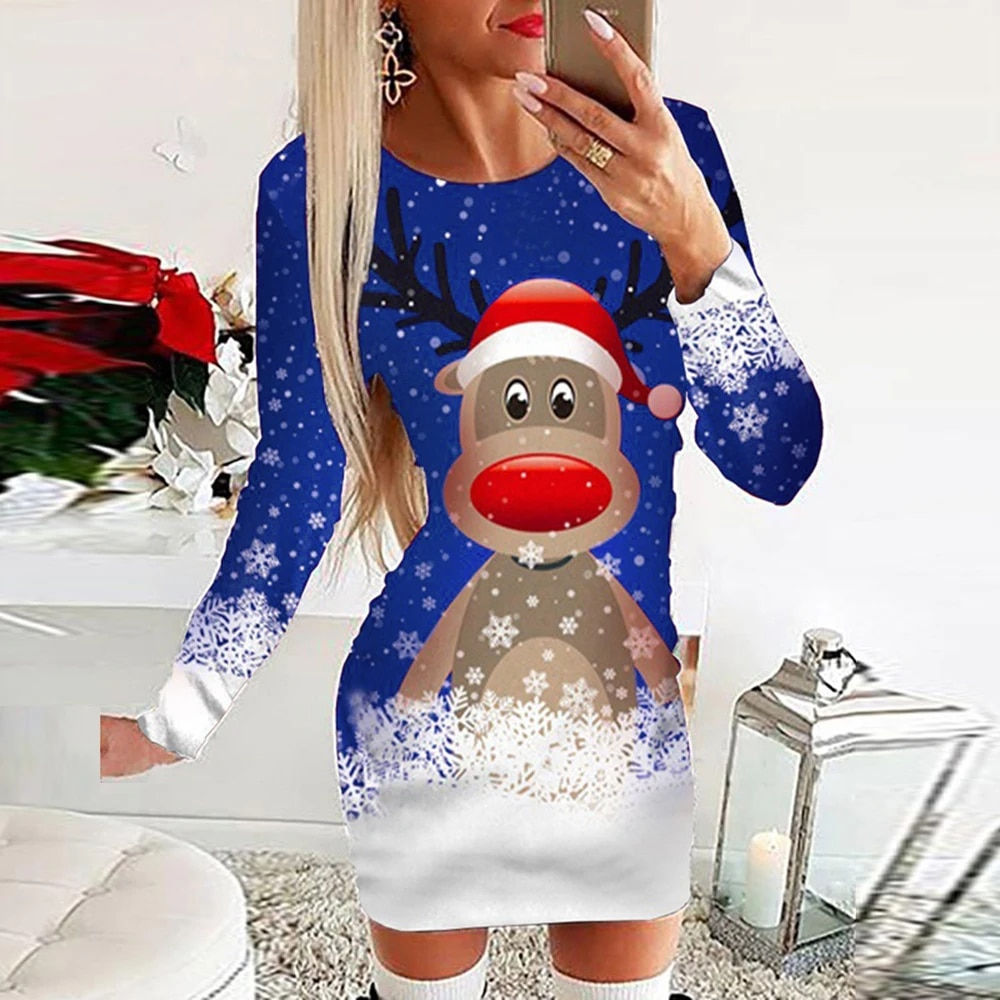 Cartoon Elk Dress Women Cute Christmas Snowflake Evening Sexy Dress Winter Shor