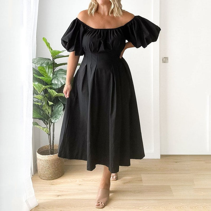 KUCLUT Women Plus Size Dress Simple Solid Puff Short Sleeve Strapless Off Shoul