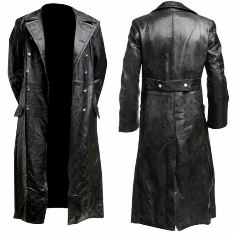 Thumbnail: MEN'S GERMAN CLASSIC WW2 MILITARY UNIFORM OFFICER BLACK  LEATHER TRENCH COAT