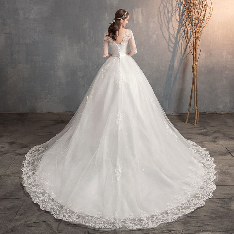 Thumbnail: Wedding Dress Trailing Deep V Neck Lace High Waist Wedding Dress Long Sleeves