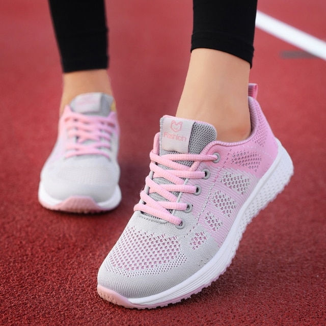 Women Casual Shoes Breathable Walking Mesh Lace Up Flat Shoes Sneakers Women Te