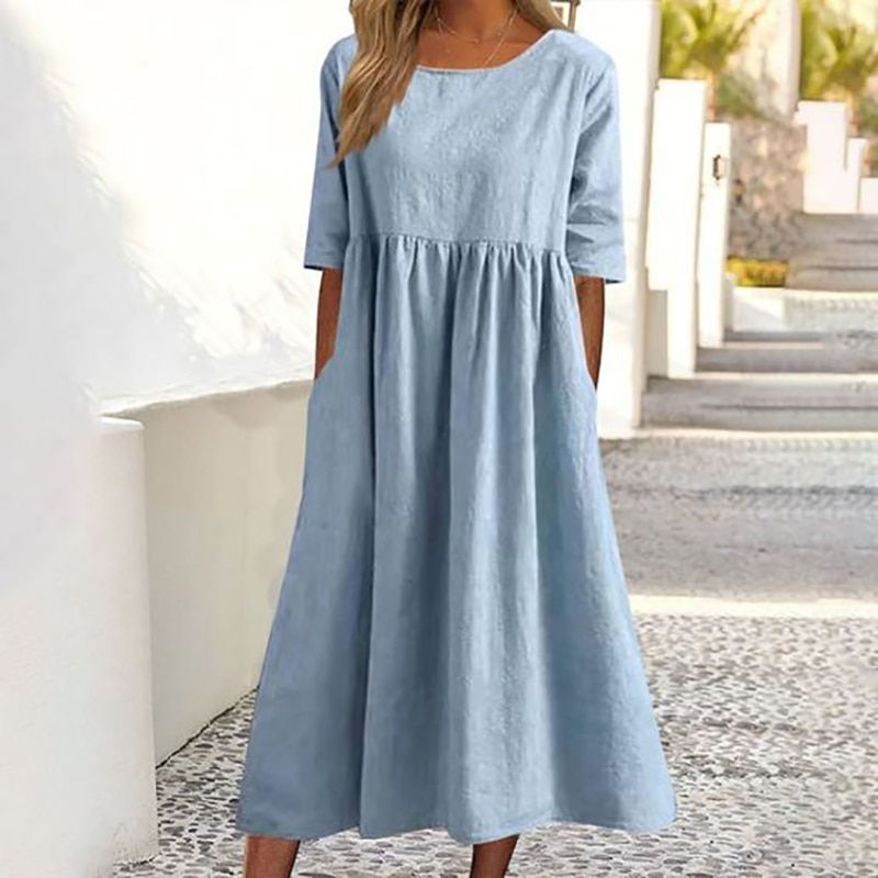 Thumbnail: Elegant Dress O-Neck Half Sleeve Cotton Hemp Pleated Dress 2023 New Summer Wome