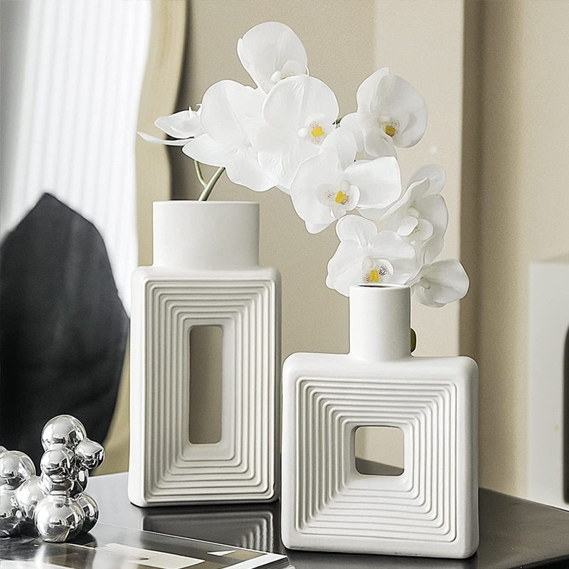 Miniature : Square Ceramic Vase Modern Nordic Boho Style Vases For Living Room Shelf Table
