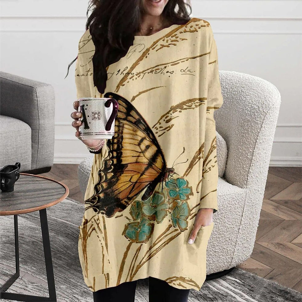 Thumbnail: Plus Size Butterfly Print Pocket Design Casual Dress Long Loose Dresses Fall/Wi