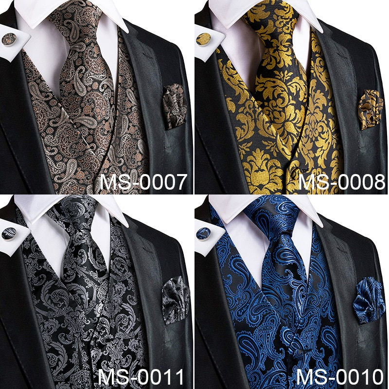 Miniature : Hi-Tie 20 Color Silk Men's Vests and Tie Business Formal Dresses Slim Vest 4PC