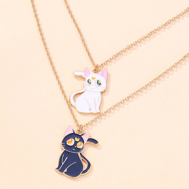Thumbnail: Luoluo&baby 2Pcs/set Cute Cartoon Black White Cat Pendant Chain Best Friend Nec