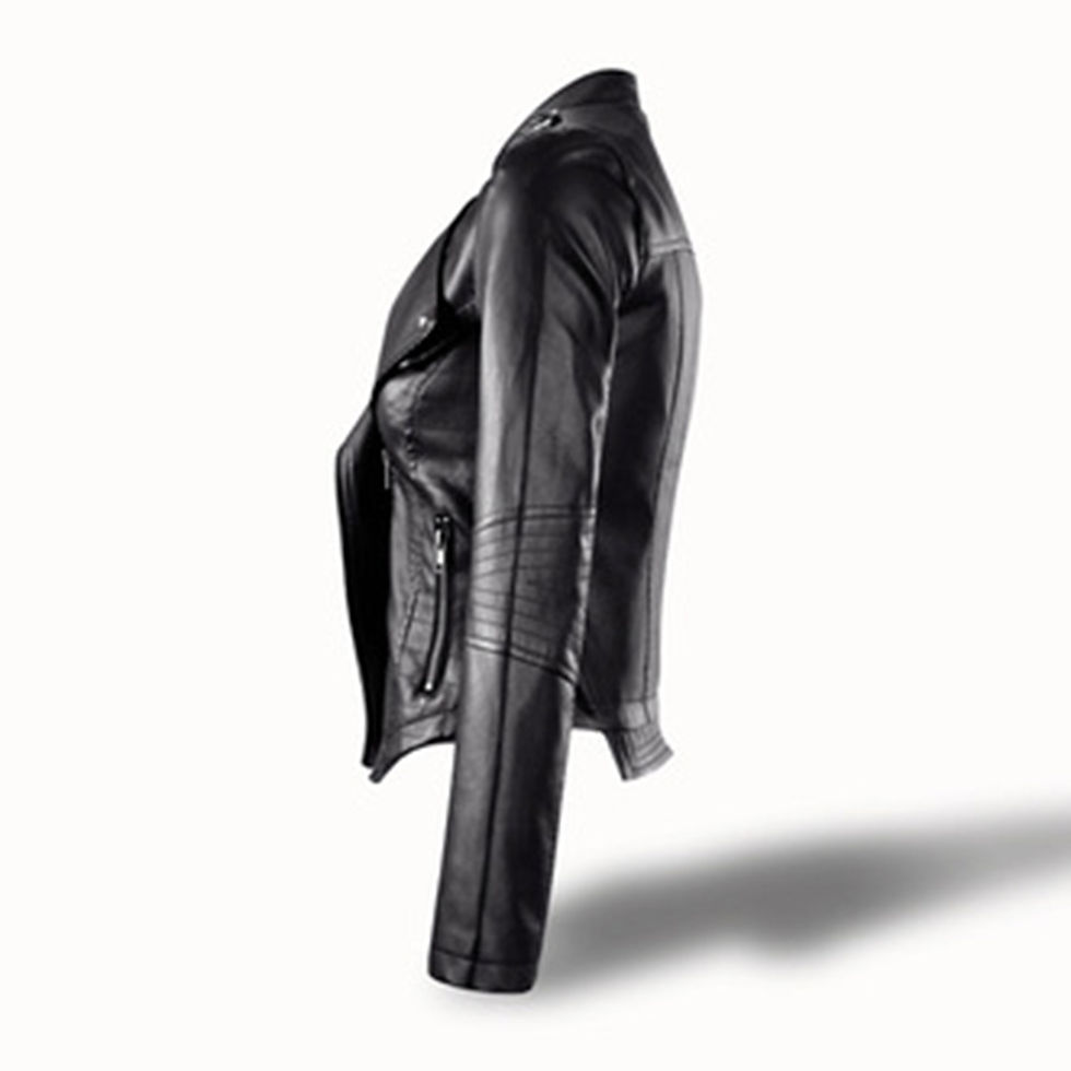 Sīktēls: Ladies Pu Leather Jacket Solid Color Zipper Self-cultivation Lapel Punk Short M