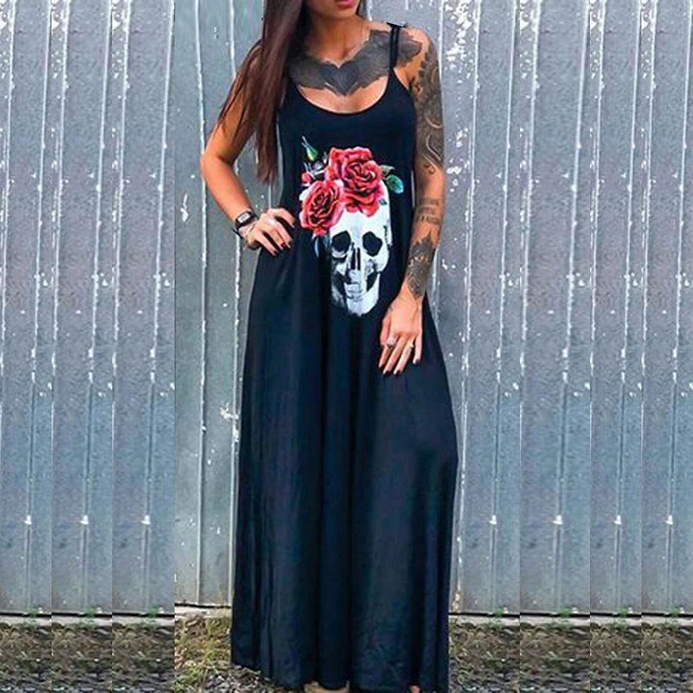 Miniaturebillede: Skull Scarf Sunglasses Print Women Sleeveless Summer  Vest dress