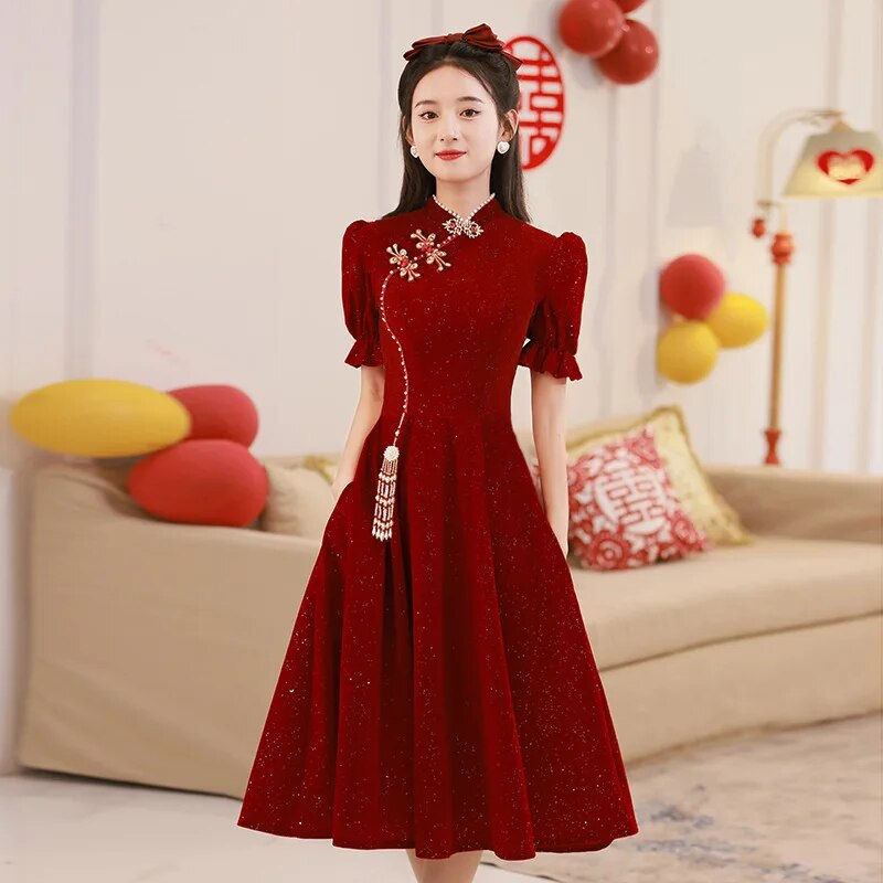 Bride dresses gala Chinese style New year Cheongsam Dress Bride Burgundy H933