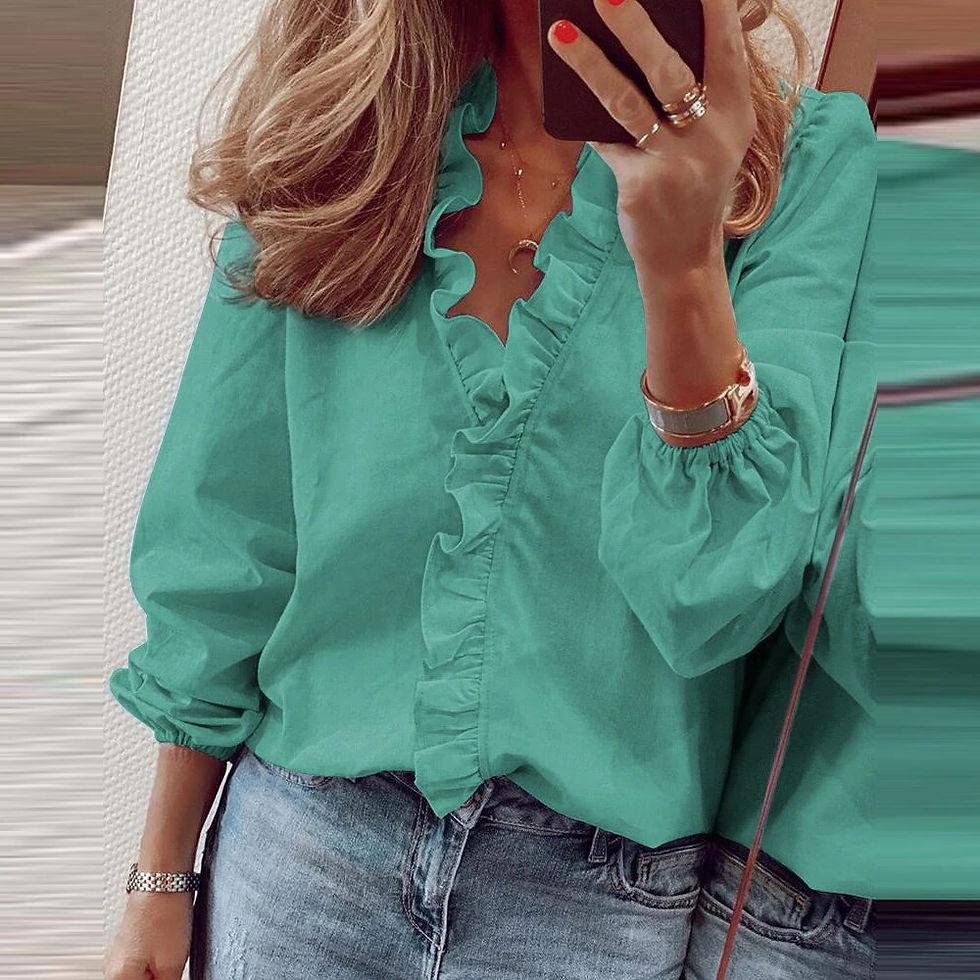 Miniatura: Oversized Women Fashion V Neck Ruffle Frill Shirt Blouse Ladies Long Sleeve Cas