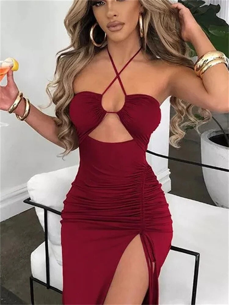 Thumbnail: Fantoye Hollow Out Drawstring Dress Women Sleeveless Backless High Split Elegan