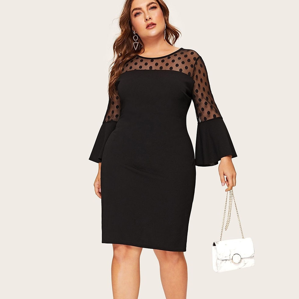 Thumbnail: Sexy Dot Women Midi Dress Plus Size O-Neck Flare Sleeve Dress Polka Mesh Fashio