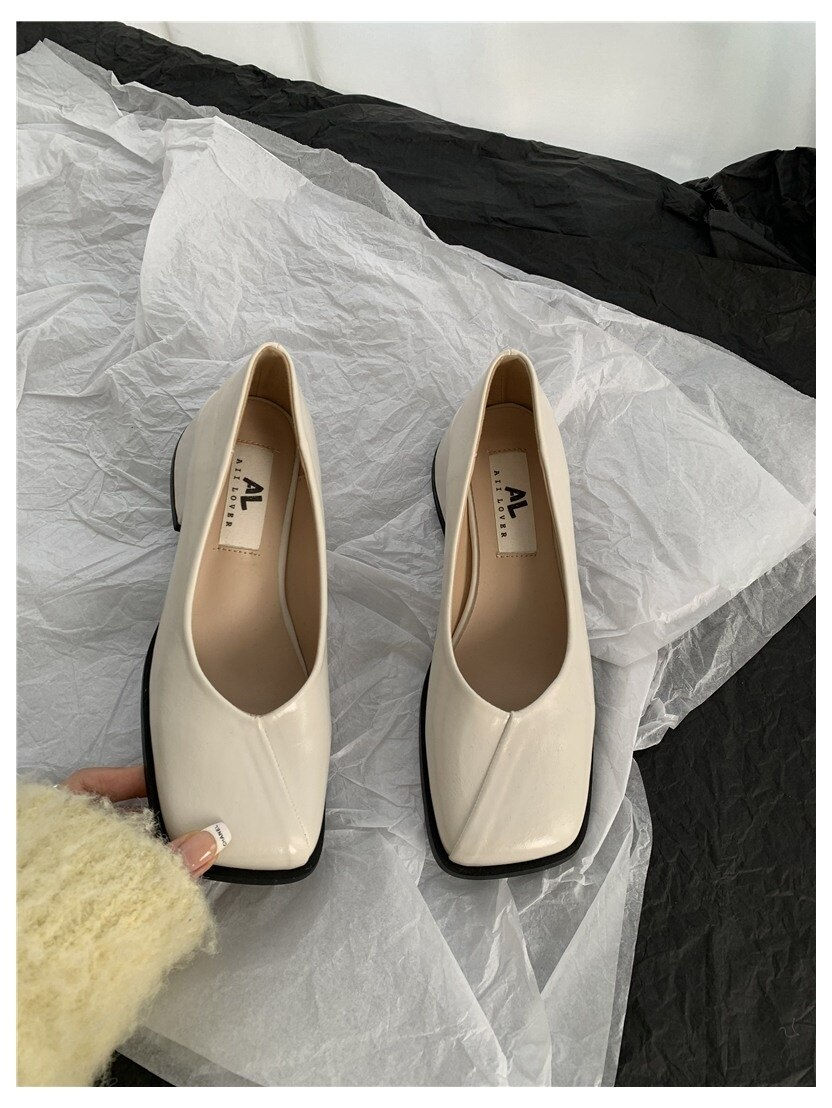 2023 New Spring Med Heel Pumps Shoes Women Square Toe Square Heel Loafers Elega